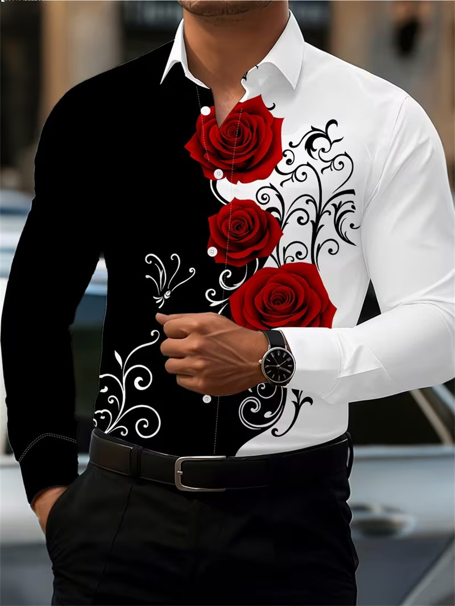 Men's Red Rose Print Long-Slee - Men'S Fashion Rules ulasan dan harga