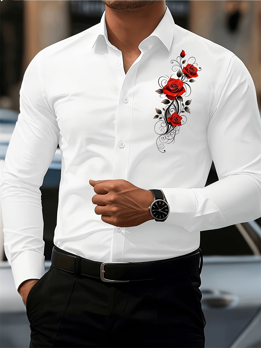 Men's Red Rose Print Long-Slee - Men'S Fashion Rules ulasan dan harga