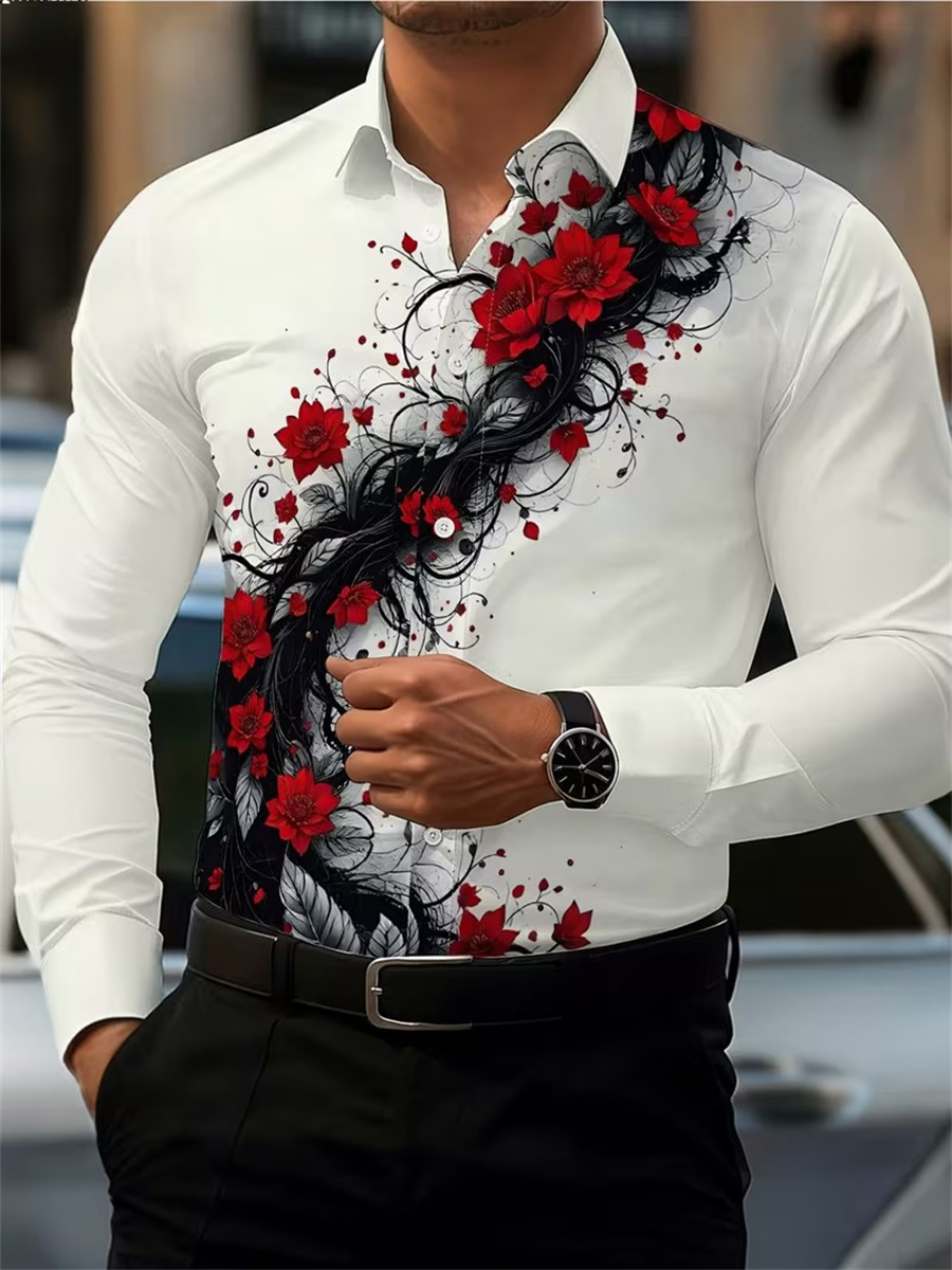Men's Red Rose Print Long-Slee - Men'S Fashion Rules ulasan dan harga